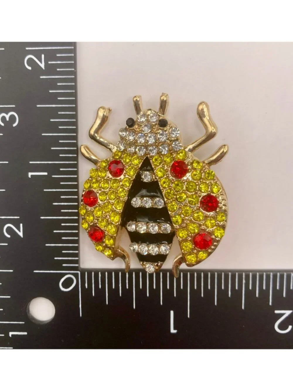 Rhinestone Ladybug Brooch Pin Red & Yellow Crystals -95B